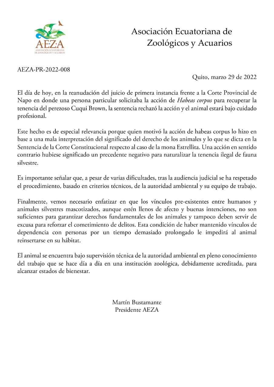 Manifiesto de la Asociación Ecuatoriana de Zoológicos y Acuarios referente a caso de tenencia ilegal de perezoso